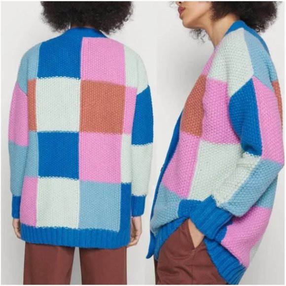 Cotton On Splice Colorful Square Patchwork V Neck Oversize Chunky Knit Cardigan - Picture 3 of 8